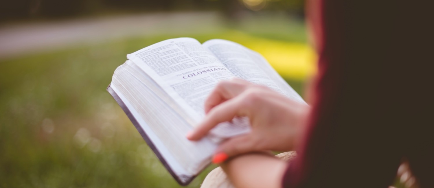 Woman reading Bible in field