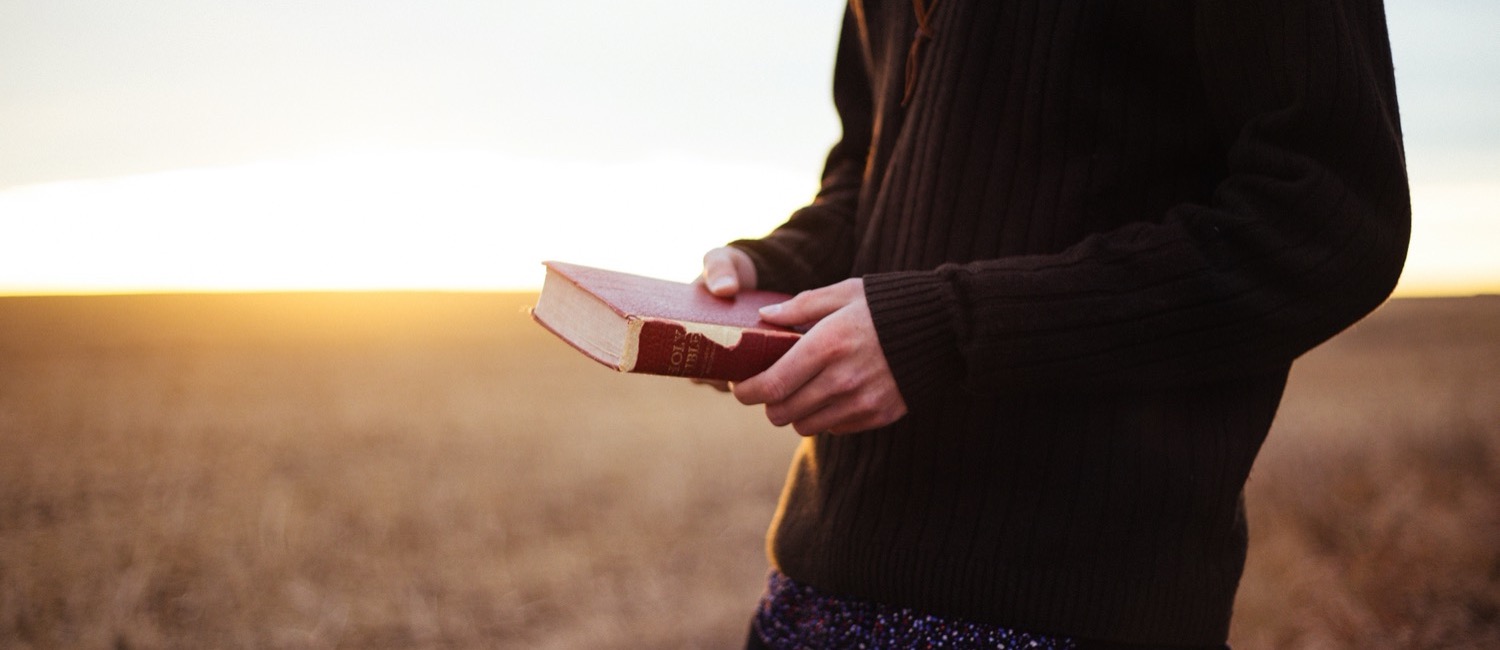 Man holding Bible in field